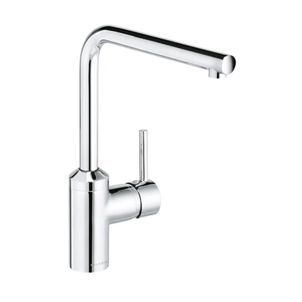 Ein moderner Wasserhahn aus Metall mit hohem, leicht gebogenem Auslauf und einem seitlichen Hebel zur Regulierung der Wassermenge, designt von Kludi.